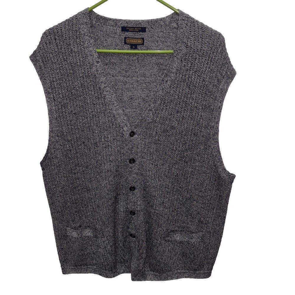 Coach Sweater Vest Men Linen Silk Pockets Button Up Navy Gray XL V Neck Vintage